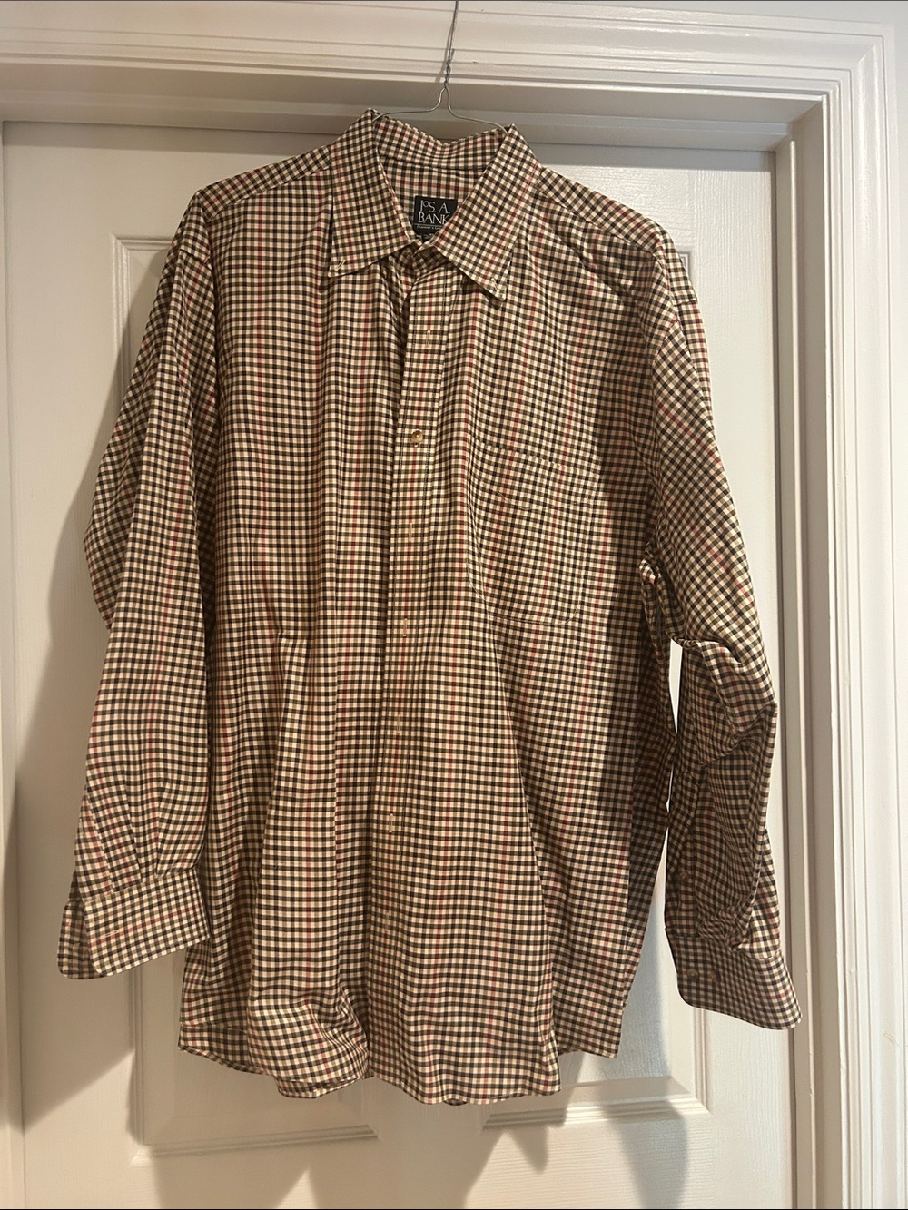 Jos. A. Bank Men's Plaid Button-Down Shirt in Cream, Gray, Blue and Red